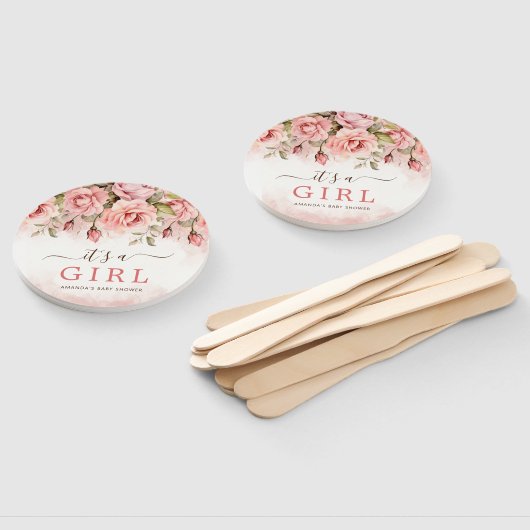 Blush Roos Waterverf Het is een meisje Baby shower Handwaaier (Niet-gemonteerd)