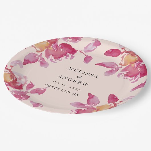 Blush Roos Waterverf Modern Bruiloft Papieren Bordje (Gekanteld)