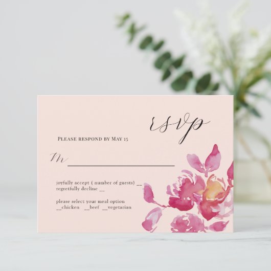 Blush Roos Waterverf Moderne Bruiloft RSVP Kaart (Staand voorkant)