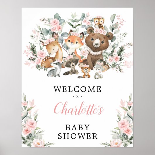 Blush Roos Woodland Animals Baby shower Welkom Poster (Voorkant)