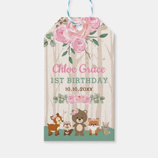 Blush Roos Woodland Forest Animals Verjaardagsdouc Cadeaulabel (Voorkant)