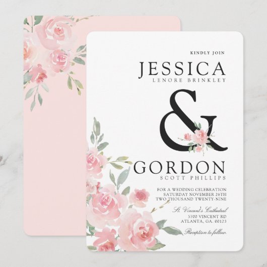 Blush Rose Bouquet | Bold Ampersand Wedding Invite Kaart (Voorkant / Achterkant)