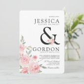 Blush Rose Bouquet | Bold Ampersand Wedding Invite Kaart (Staand voorkant)