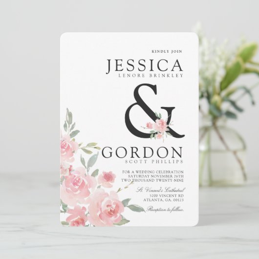 Blush Rose Bouquet | Bold Ampersand Wedding Invite Kaart (Staand voorkant)