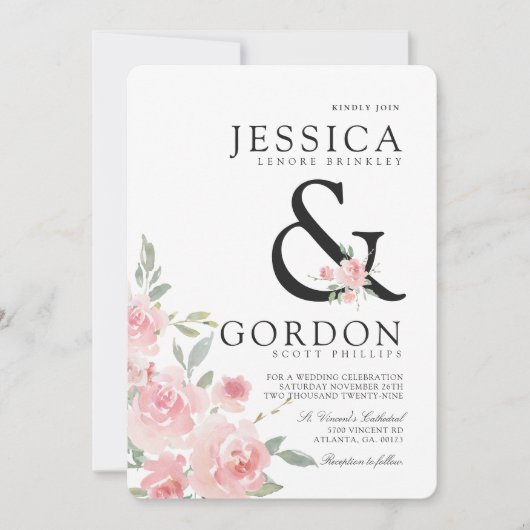 Blush Rose Bouquet | Bold Ampersand Wedding Invite Kaart (Voorkant)