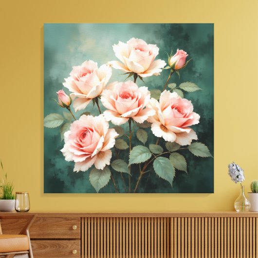 Blush Rose Elegance on Deep Jade Canvas Afdruk (Insitu (Woonkamer))
