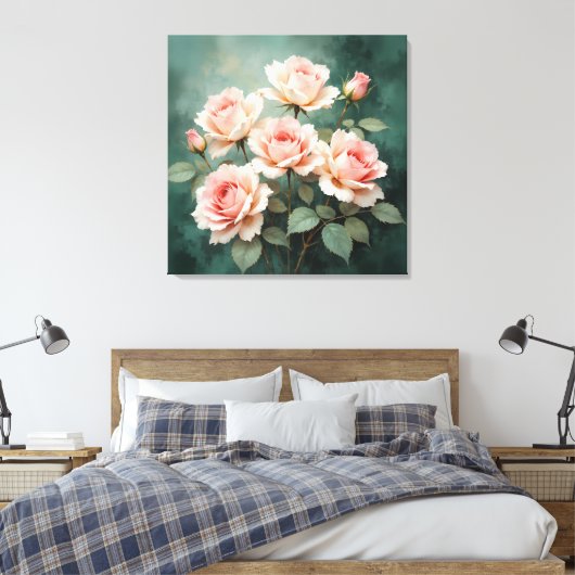 Blush Rose Elegance on Deep Jade Canvas Afdruk (Insitu (Slaapkamer))