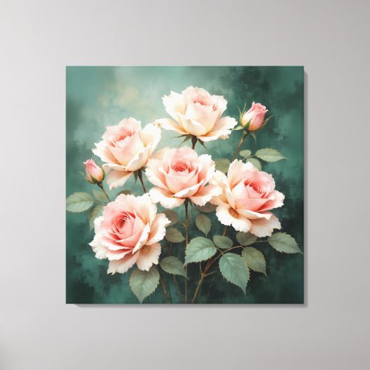 Blush Rose Elegance on Deep Jade Canvas Afdruk (Voorkant)