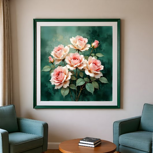 Blush Rose Elegance on Deep Jade Foto Afdruk