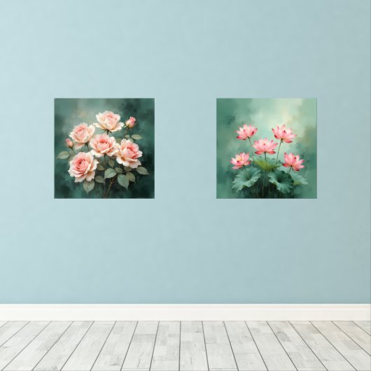 Blush Rose Elegance on Deep Jade Muurkunst Sets (Houten vloer)