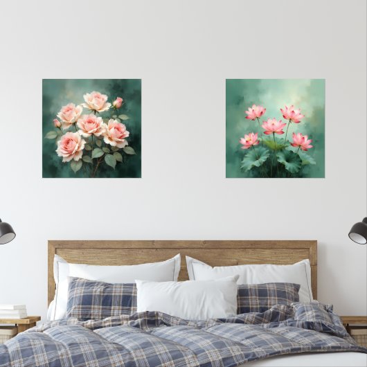 Blush Rose Elegance on Deep Jade Muurkunst Sets (Slaapkamer)