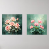 Blush Rose Elegance on Deep Jade Muurkunst Sets (Voorkant)