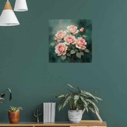 Blush Rose Elegance on Deep Jade Poster (Woonkamer 1)