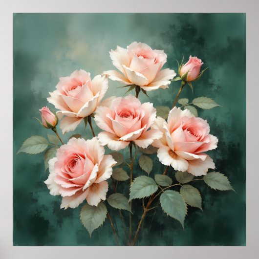 Blush Rose Elegance on Deep Jade Poster (Voorkant)