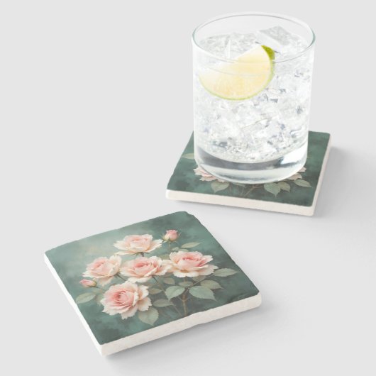 Blush Rose Elegance on Deep Jade Stenen Onderzetter (Zijkant)