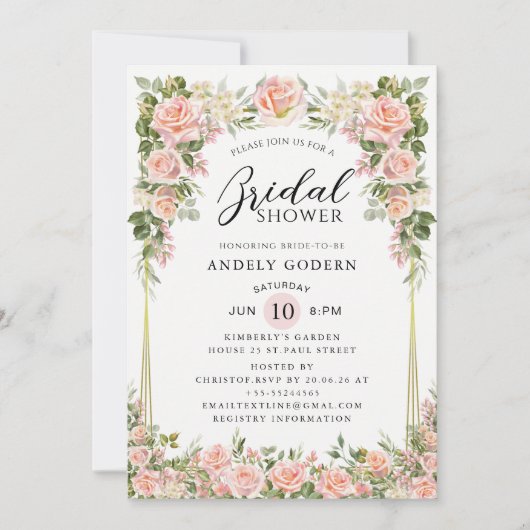 Blush Rose Floral Modern Bridal Shower Kaart (Voorkant)