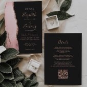 Blush Rose Gold Agate Dark QR Code Wedding Kaart