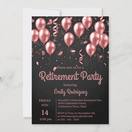 Blush Rose Gold Balloons Confetti Retirement Party Kaart (Voorkant)