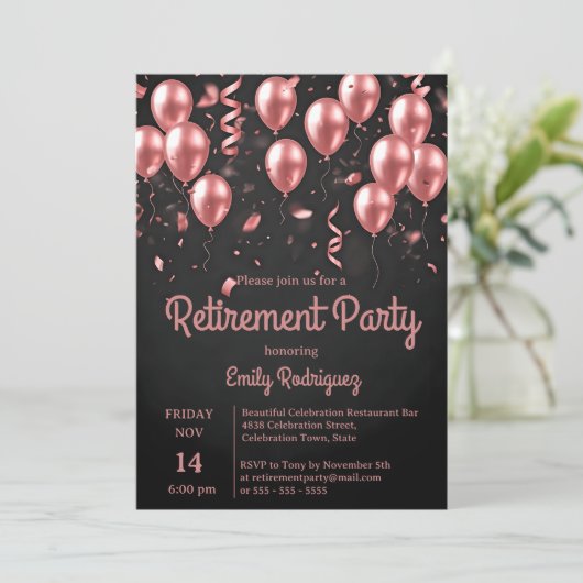 Blush Rose Gold Balloons Confetti Retirement Party Kaart (Staand voorkant)