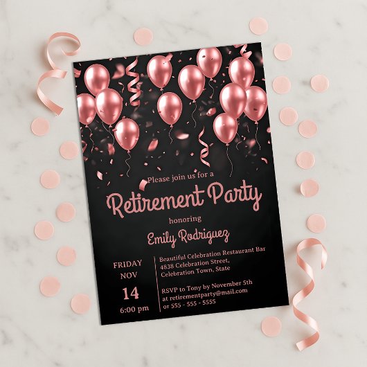 Blush Rose Gold Balloons Confetti Retirement Party Kaart