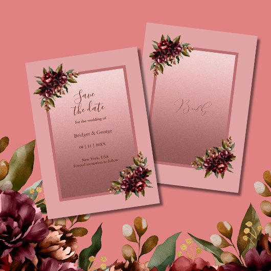 Blush Rose Gold Floral wedding Save the Date Kaart