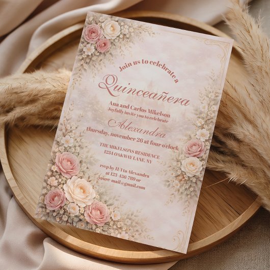 Blush Rose Gold Garden Quinceañera Kaart