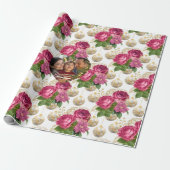Blush Rose & Gold Ornament Custom Christmas Photo Cadeaupapier (Uitgerold)