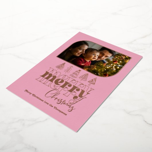 Blush & Rose Gold Retro Doodle Kerst Foto Folie Feestdagenkaart (Gedraaid)