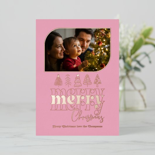 Blush & Rose Gold Retro Doodle Kerst Foto Folie Feestdagenkaart (Staand Voorkant)