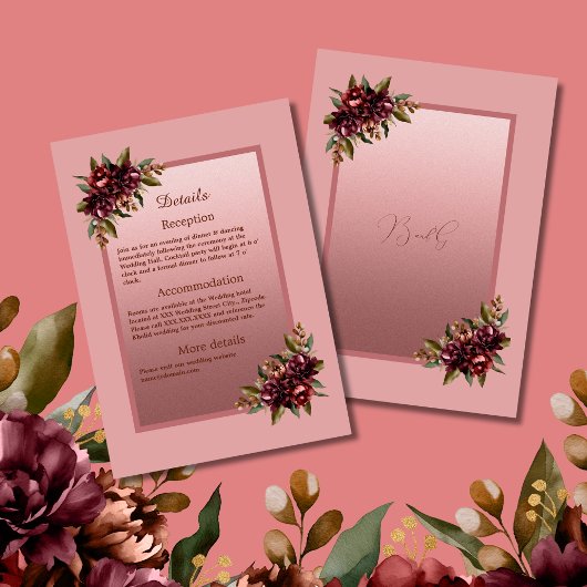 Blush Rose Gold Script - Burgundy floral wedding Informatiekaartje