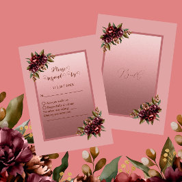 Blush Rose Gold Script - Burgundy floral wedding RSVP Kaartje