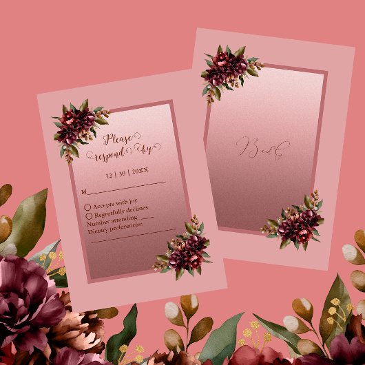 Blush Rose Gold Script - Burgundy floral wedding RSVP Kaartje