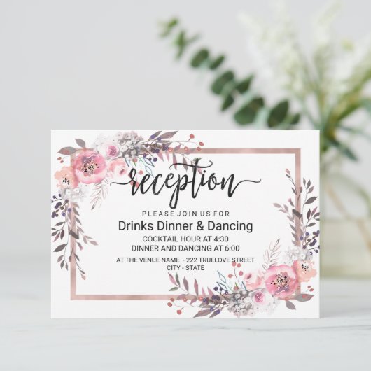 Blush & Rose Goud Omlijst Bloemstuk Bruiloftsrecep Informatiekaartje (Staand voorkant)