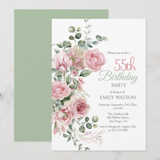 Blush Rose Greenery Eucalypt 55th Birthday  Kaart (Voorkant / Achterkant)