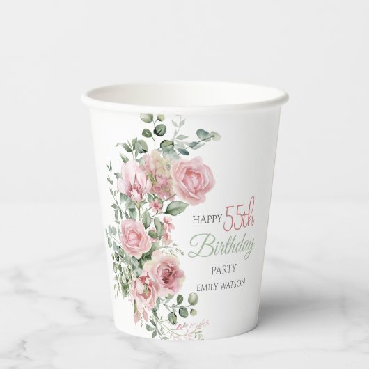 Blush Rose Greenery Eucalypt 55th Birthday Papieren Bekers (Achterkant)