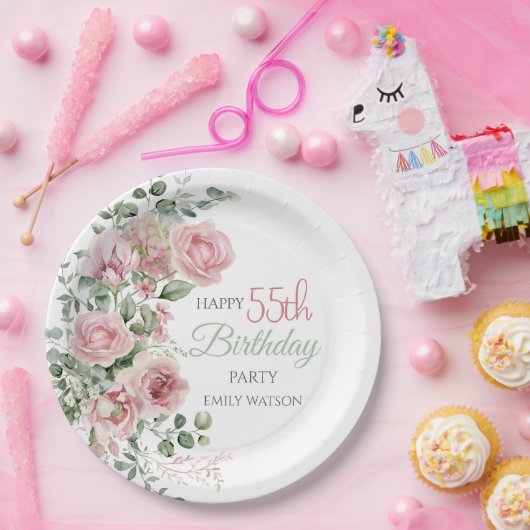 Blush Rose Greenery Eucalypt 55th Birthday Papieren Bordje (Feest)