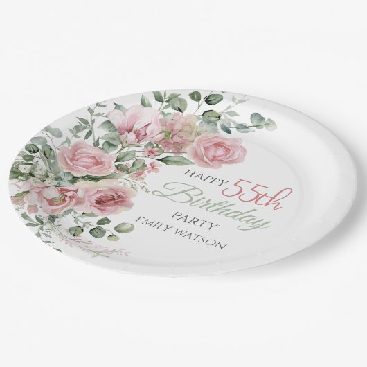 Blush Rose Greenery Eucalypt 55th Birthday Papieren Bordje (Gekanteld)
