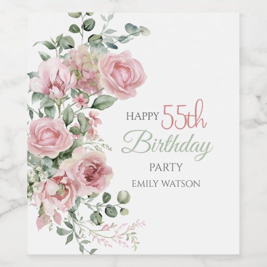 Blush Rose Greenery Eucalypt 55th Birthday Wijn Etiket (Enkel label)