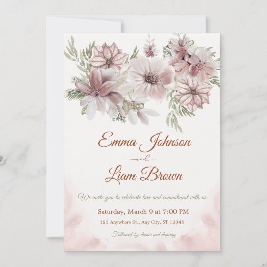 Blush Rose & Peach Floral Wedding Invitation Kaart (Voorkant)