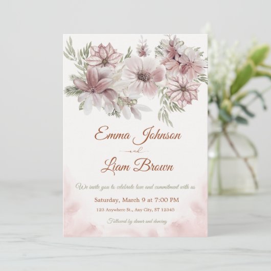 Blush Rose & Peach Floral Wedding Invitation Kaart (Staand voorkant)