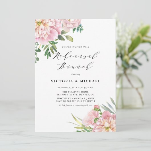 Blush Roses and Hydrangeas Rehearsal Brunch Kaart (Staand voorkant)