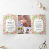 Blush Roses Arch Floral Foto Collage Weddenschap Drieluik Uitnodiging (Binnen)