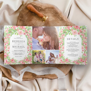 Blush Roses Arch Floral Foto Collage Weddenschap Drieluik Uitnodiging