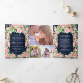 Blush Roses Arch Photo Collage Navy Weddenschap Drieluik Uitnodiging (Binnen)
