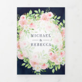 Blush Roses Arch Photo Collage Navy Weddenschap Drieluik Uitnodiging (Cover)