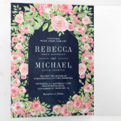 Blush Roses Arch Photo Collage Navy Weddenschap Drieluik Uitnodiging (Binnenzijde eerst)