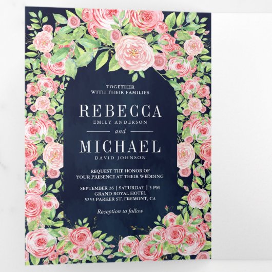 Blush Roses Arch Photo Collage Navy Weddenschap Drieluik Uitnodiging (Binnenzijde eerst)
