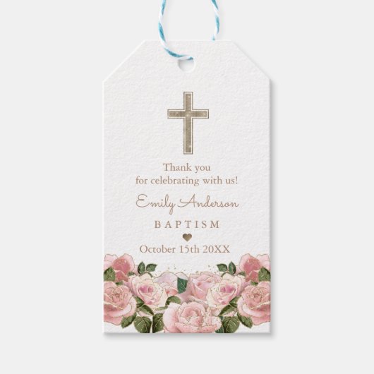 Blush Roses Baptism Christening Dank je wel Cadeaulabel (Voorkant)
