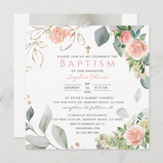 Blush Roses Baptisme Invitation (Voorkant / Achterkant)