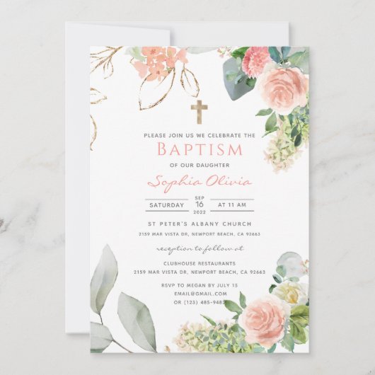 Blush Roses Baptisme Invitation Kaart (Voorkant)